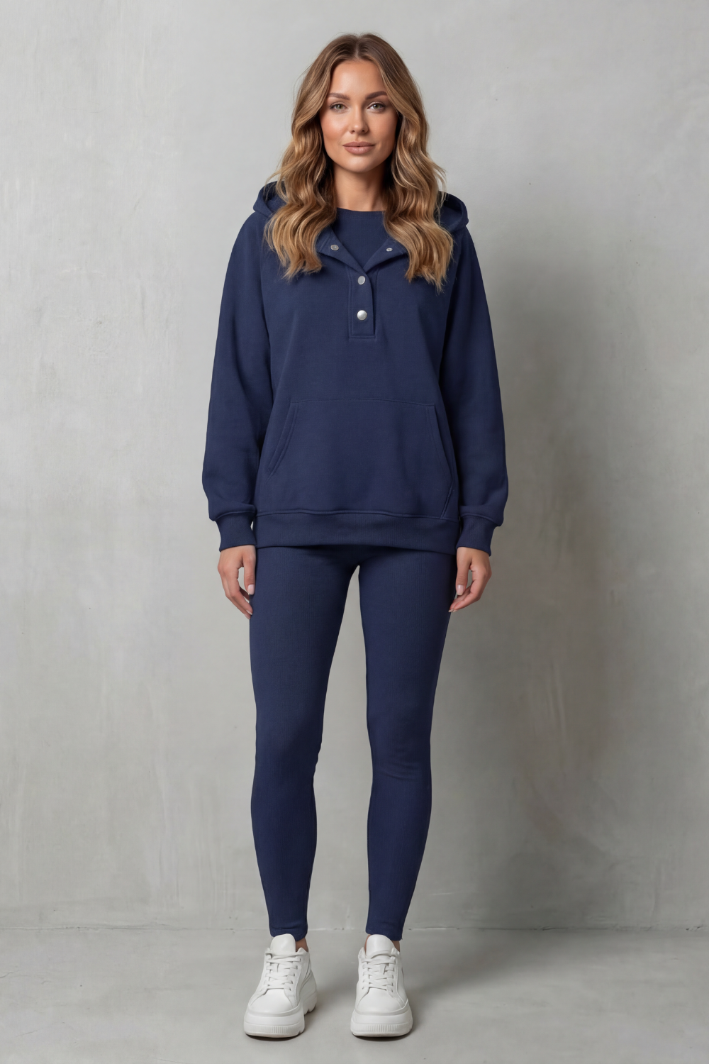 Blue colorway of the button-placket hoodie and ribbed leggings set