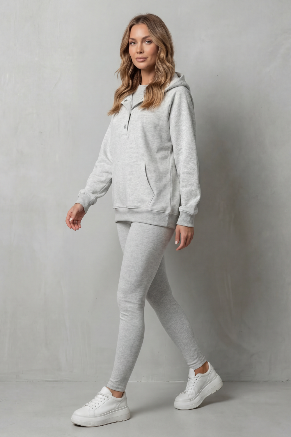 Back view of the oversized hoodie and ribbed leggings lounge set