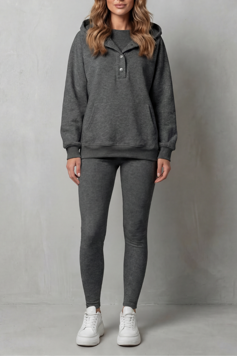 Close-up of the oversized hood and drawcord on the lounge hoodie