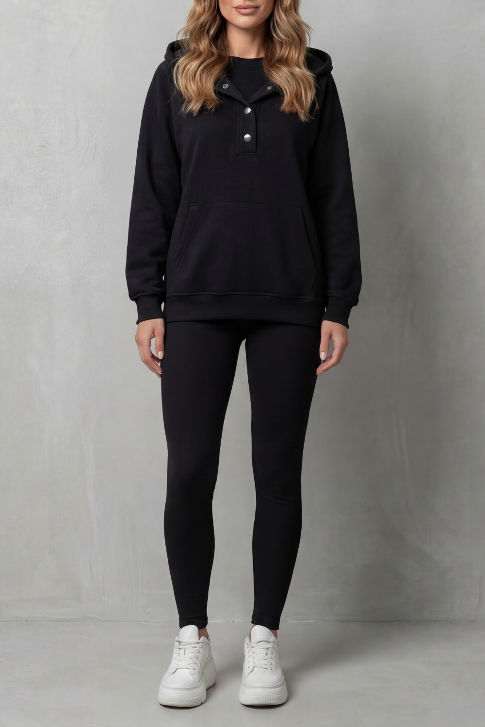 Light gray colorway of the hoodie and ribbed leggings set, full-length view