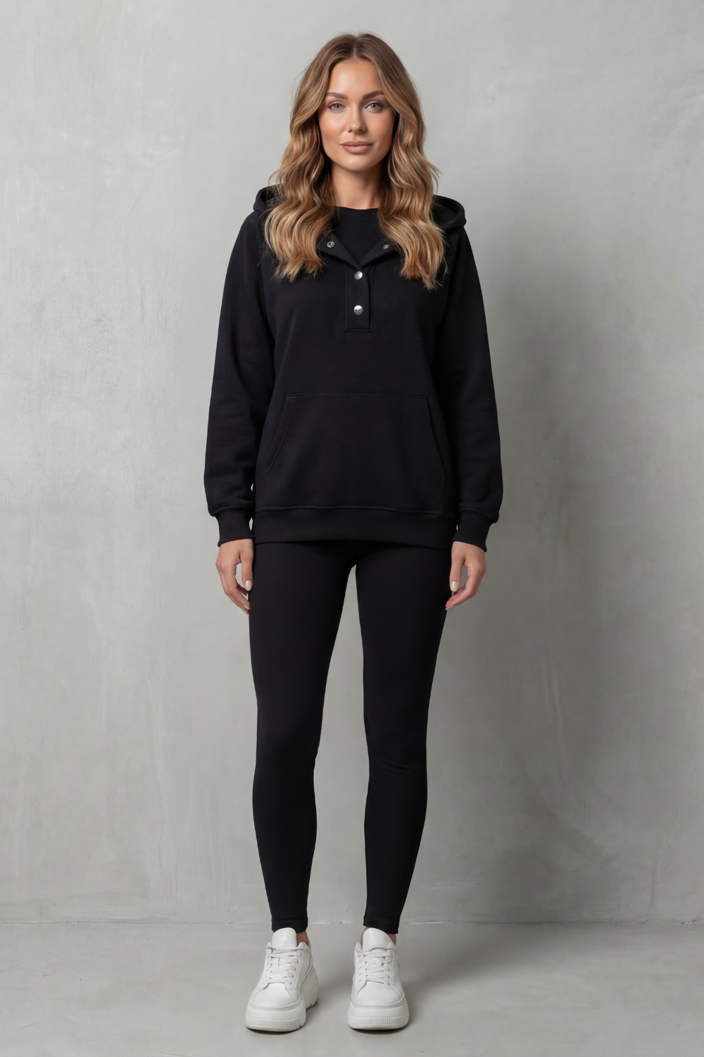 Dark gray colorway of the button-placket hoodie and leggings lounge set