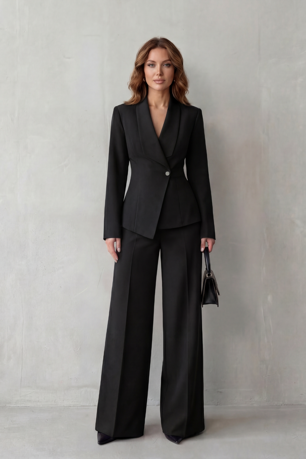Detail of the wide-leg pants hem and smooth tailored drape