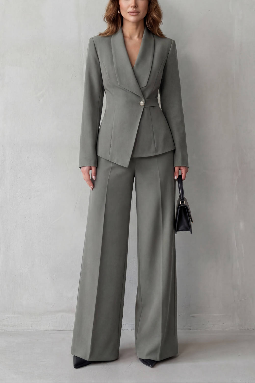 Black colorway of the blazer and wide-leg pants suit set, full-length view