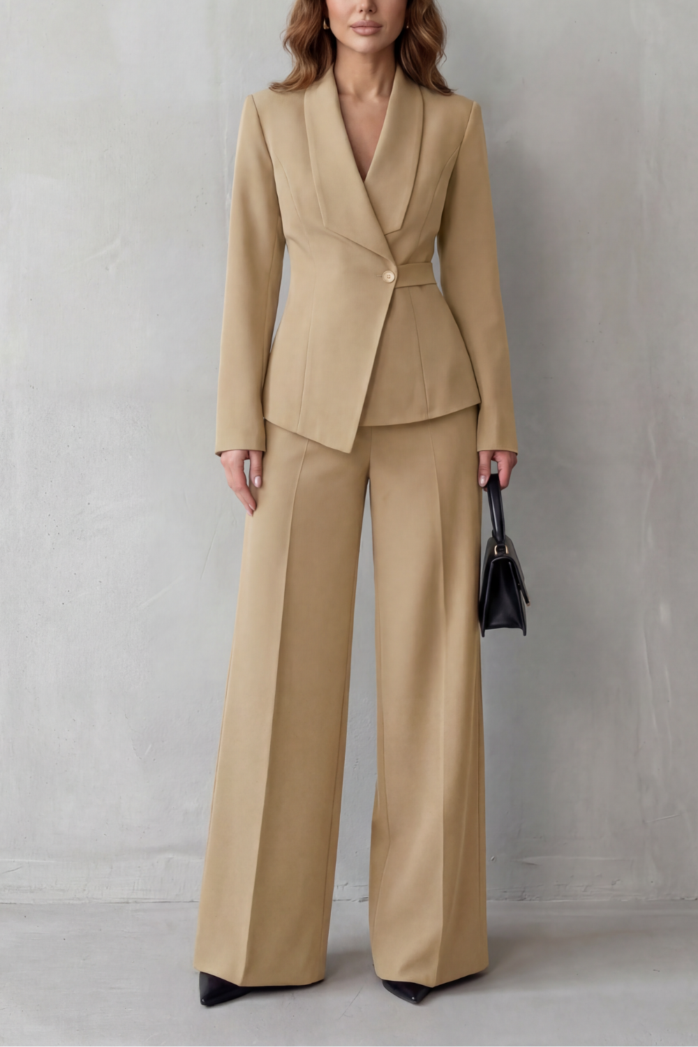 Women's cinched blazer and wide-leg pants suit set, front view