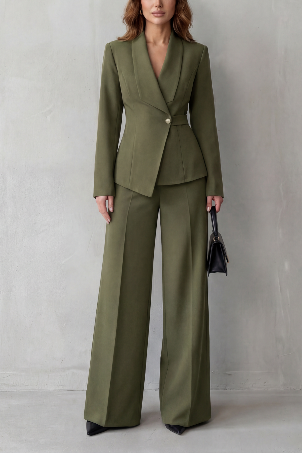 Gray colorway of the blazer and wide-leg pants suit set, full-length view