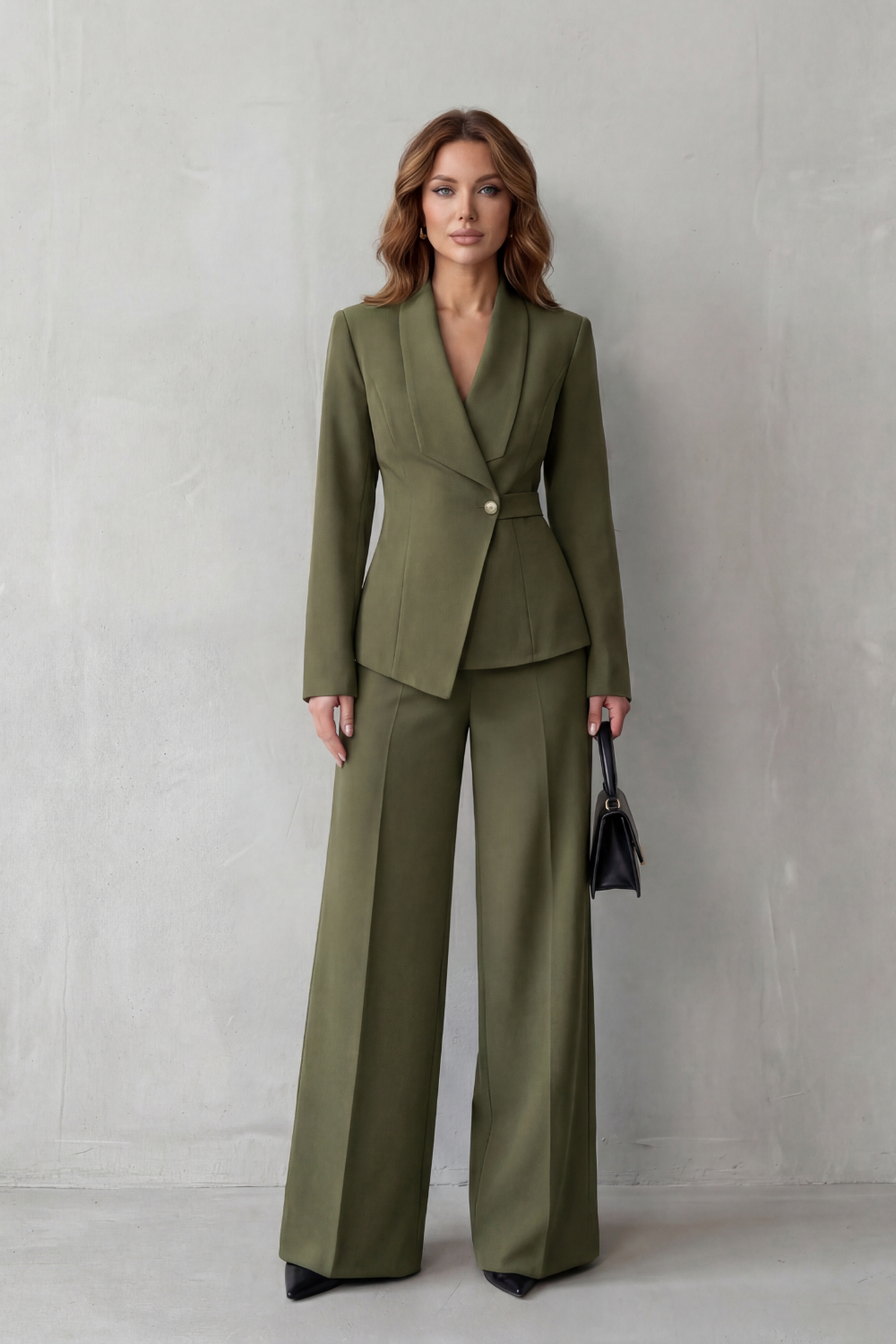 Navy colorway of the blazer and wide-leg pants suit set, full-length view