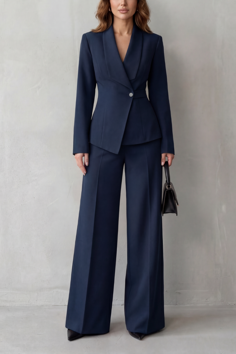 Brown colorway of the blazer and wide-leg pants suit set, full-length view