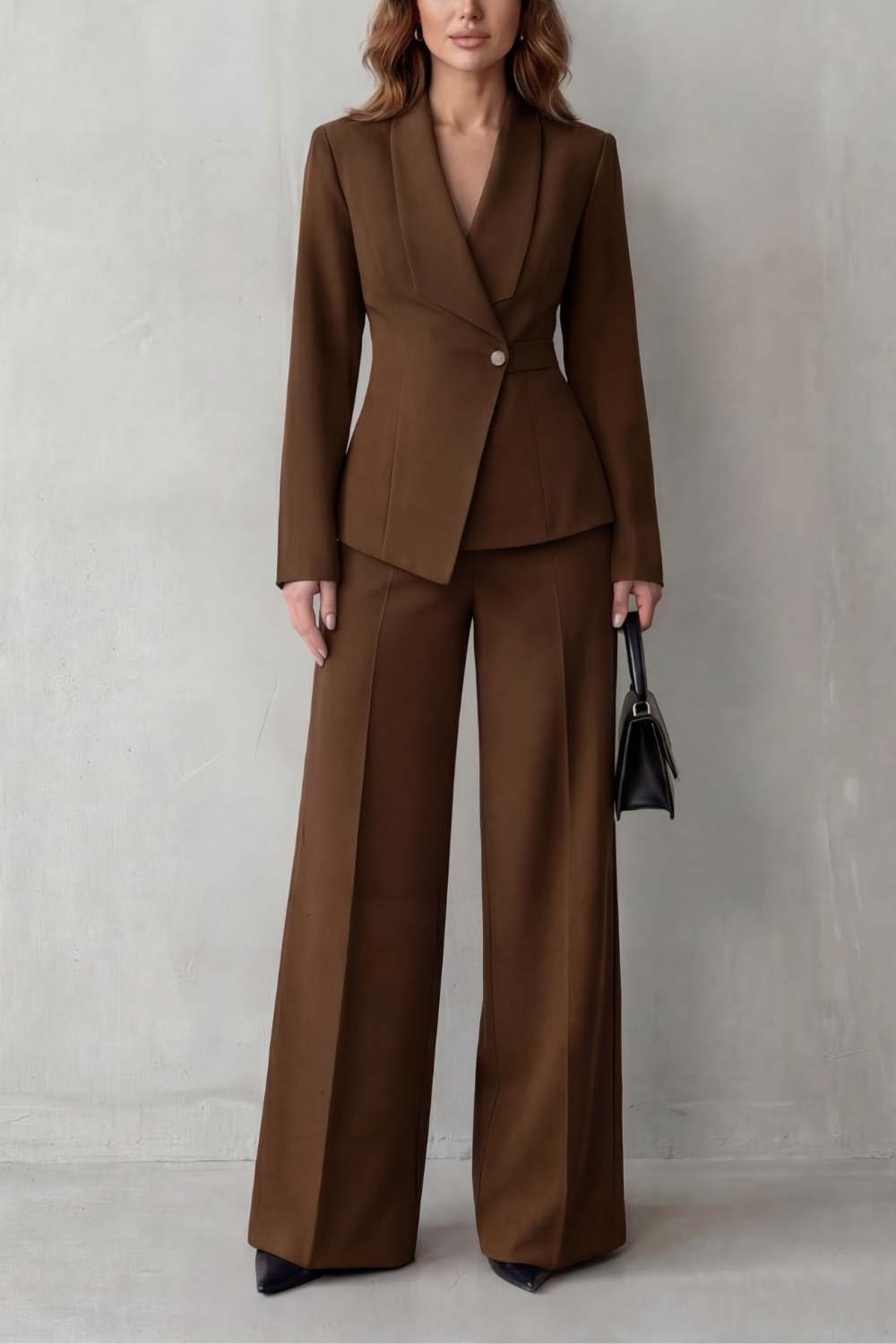 Full-length rear view of the tailored power suit set