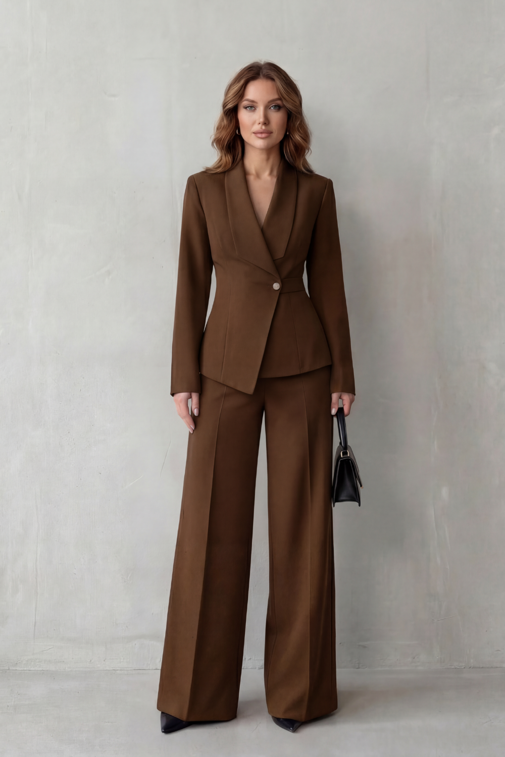 Blazer worn open over the high-waisted wide-leg pants, styled look