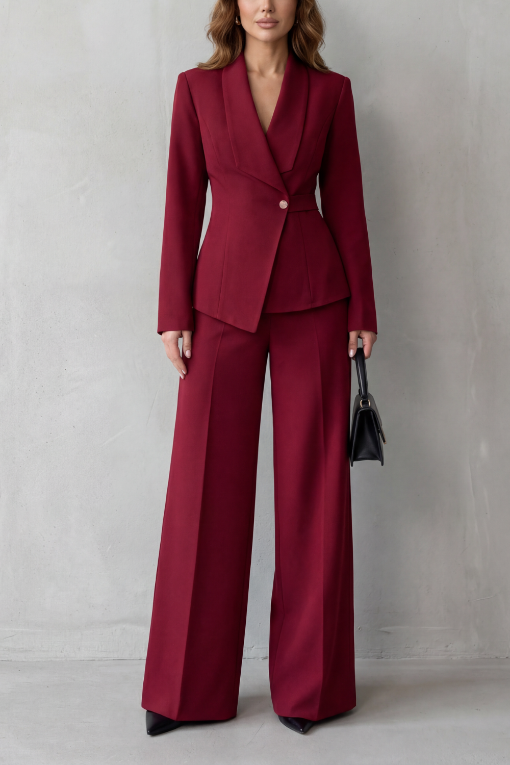 Close-up of the structured lapels framing the neckline