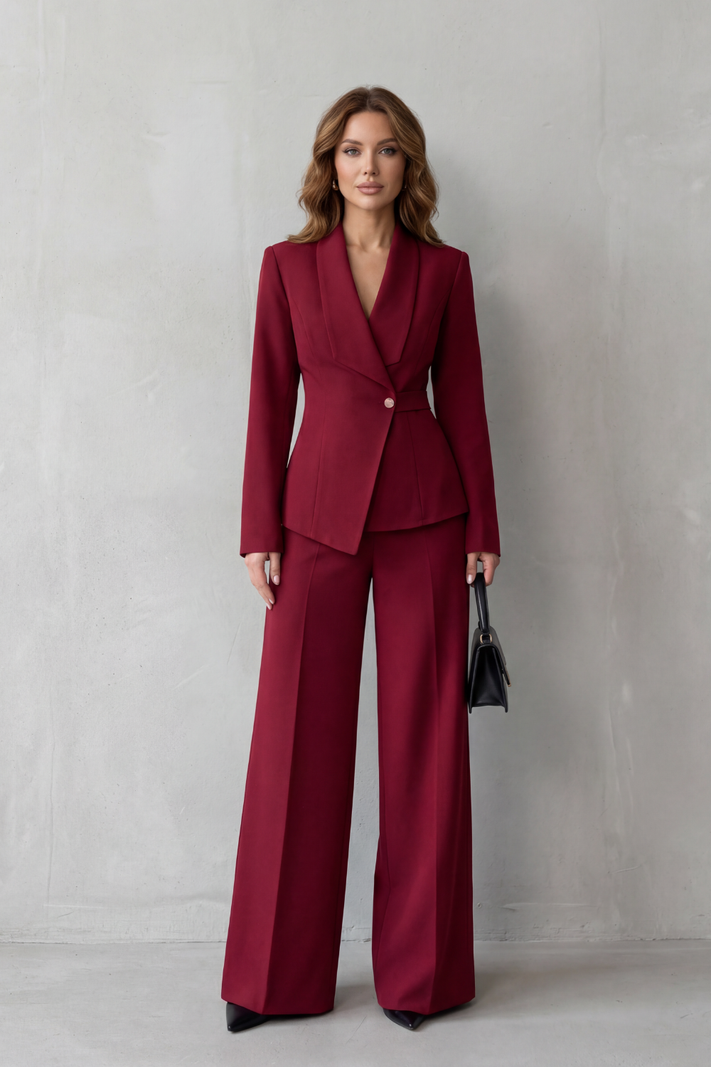 Khaki colorway of the blazer and wide-leg pants suit set, full-length view