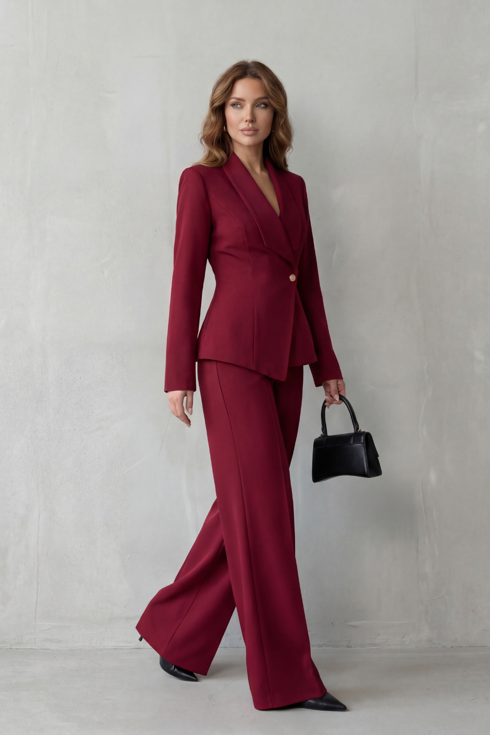 Red colorway of the blazer and wide-leg pants suit set, full-length view