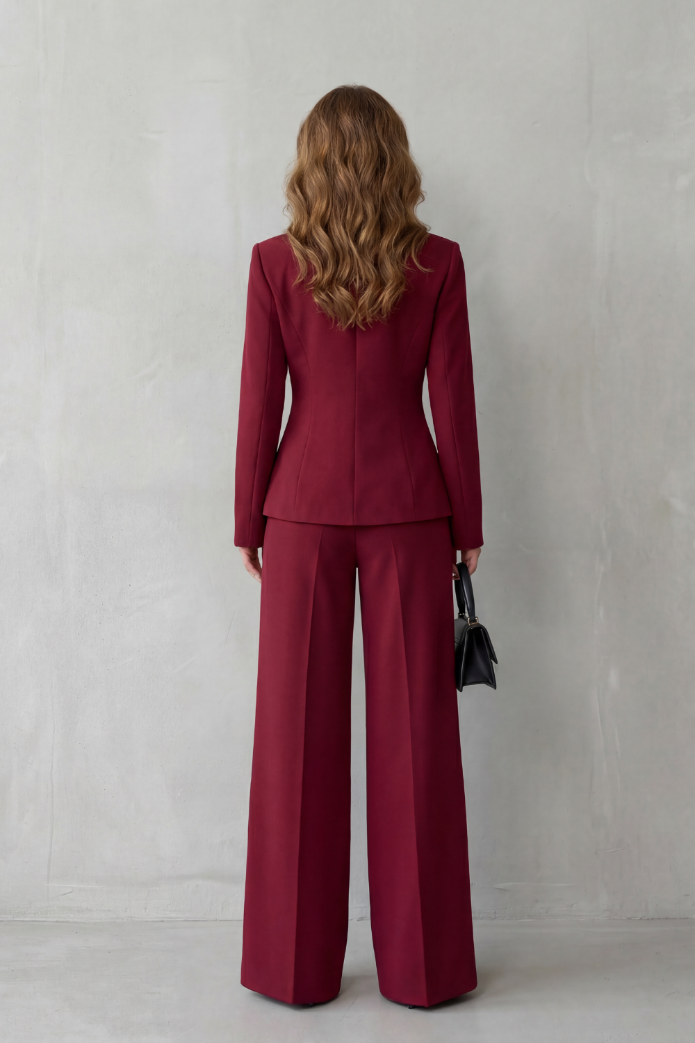 Green colorway of the blazer and wide-leg pants suit set, full-length view