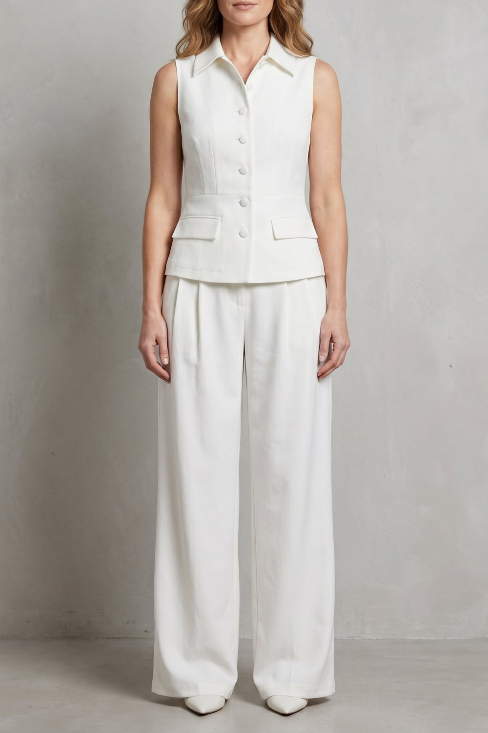 Women's tailored sleeveless vest and wide-leg pants suit set, front view