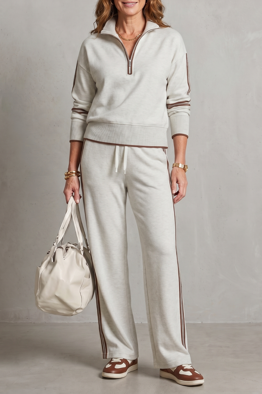 Close-up of the wide-leg pants hem on the Vallora lounge set
