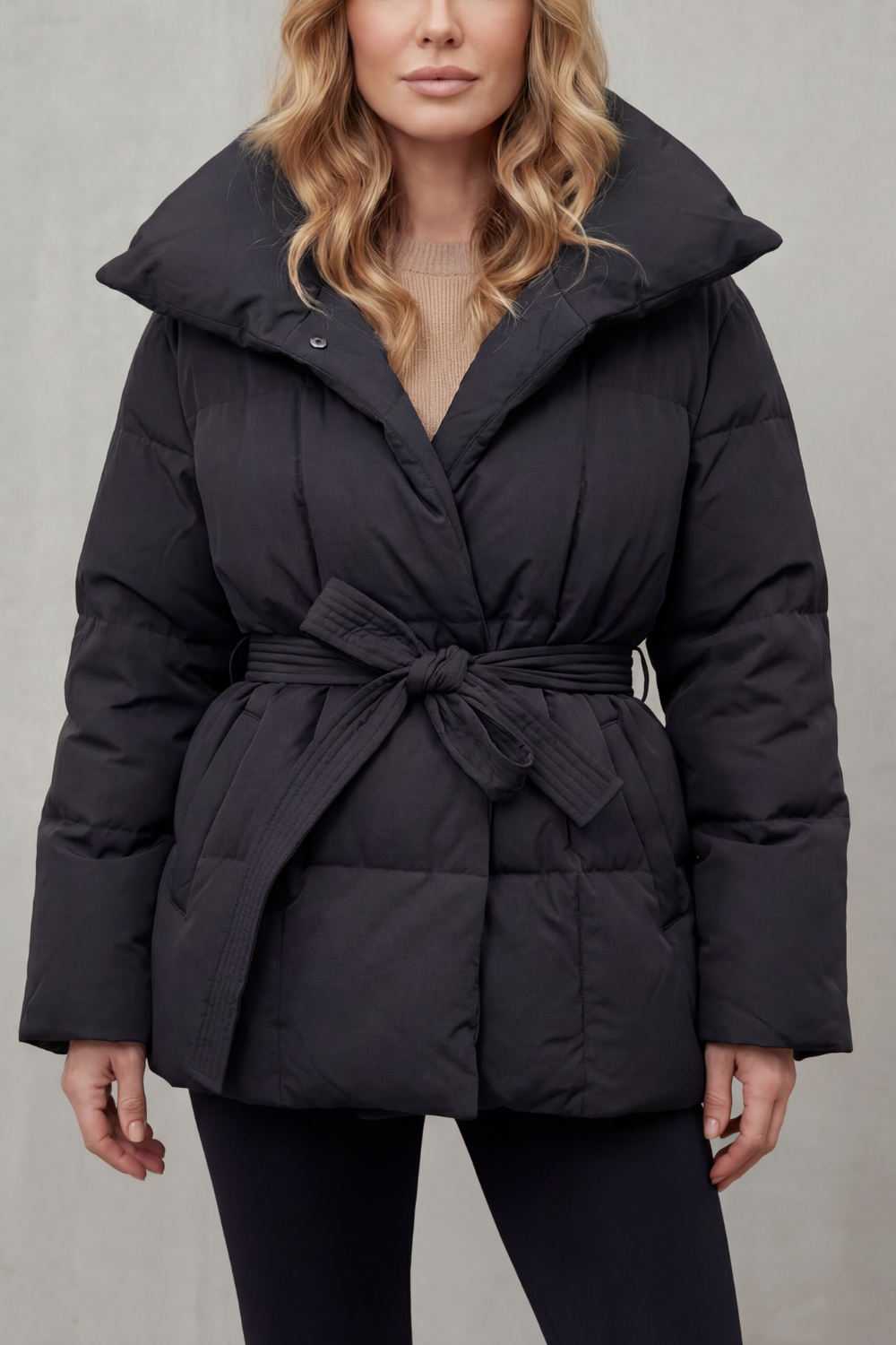 Women's Belted Puffer Coat with Oversized Collar - Valmira