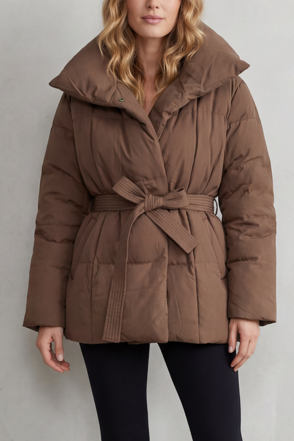 Women's Belted Puffer Coat with Oversized Collar - Valmira