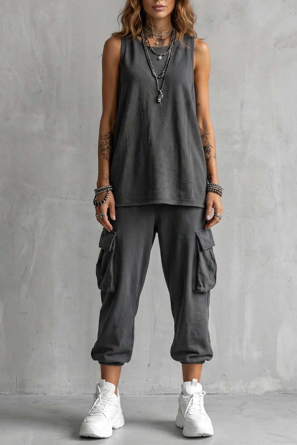 Women's sleeveless top and cargo jogger pants two-piece set in gray, front view