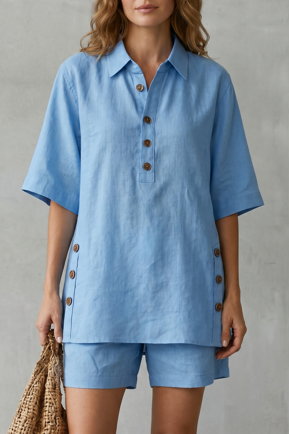 Women's linen blend button-front top and shorts set, front view