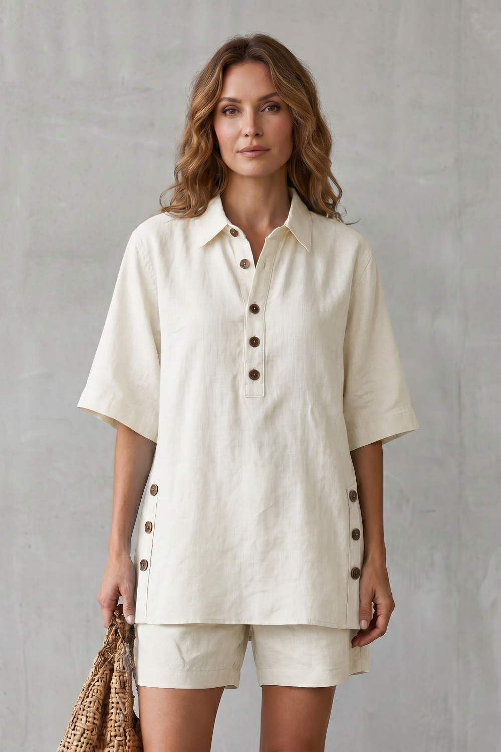 White colorway of the linen blend top and shorts set, full-length view