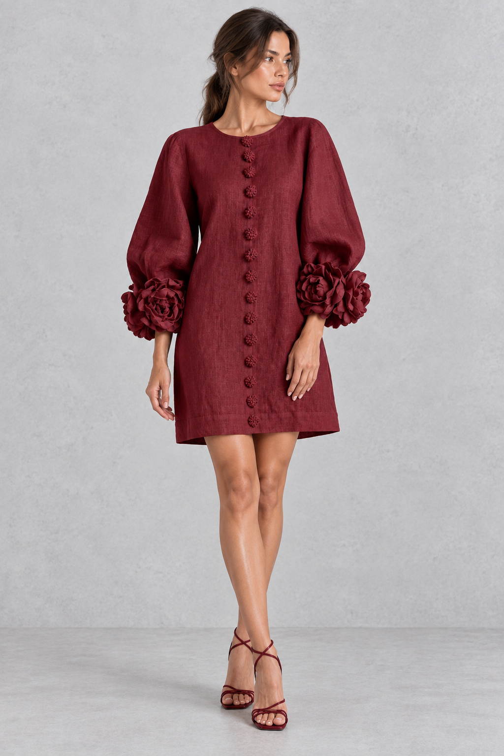 Women's 3D flower mini dress styled with sneakers for an easy daytime look.