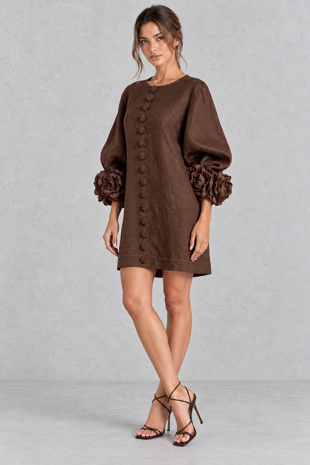 Solid-color mini dress with 3D floral trim, great for fall garden gatherings.