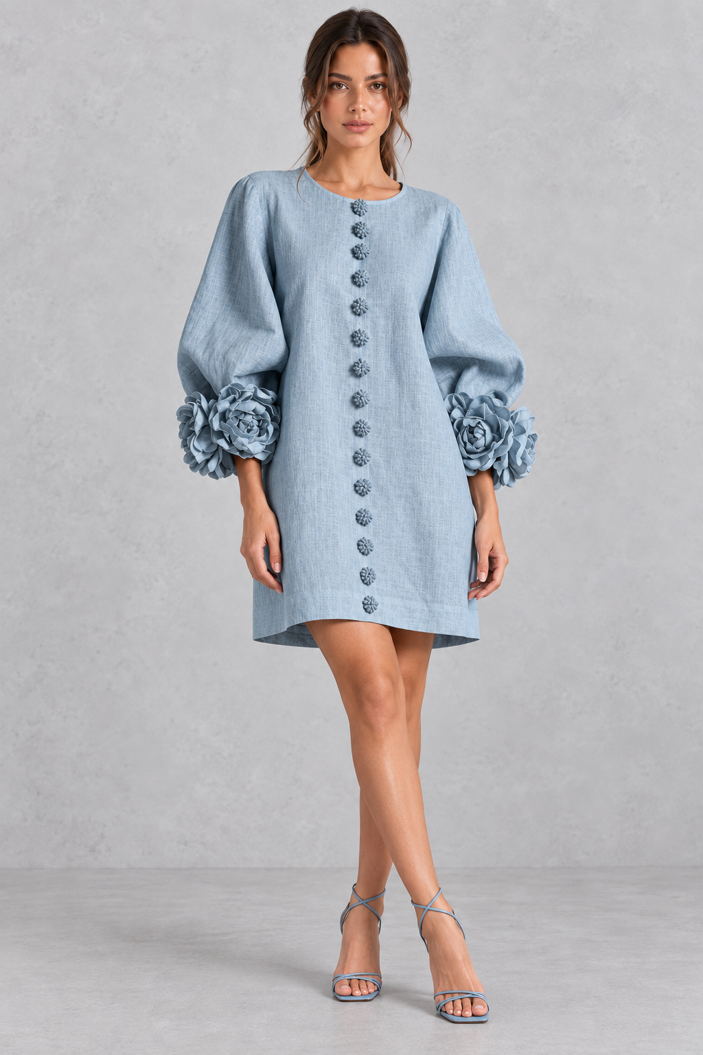 Women's lantern sleeve mini dress with floral appliques, perfect for shopping trips.