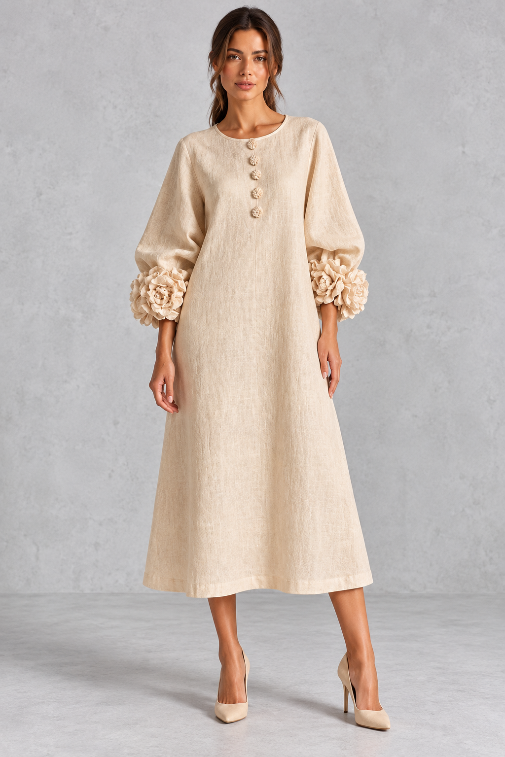 Relaxed fit 3D floral maxi dress with lantern sleeves, a modest fall wedding guest dress.