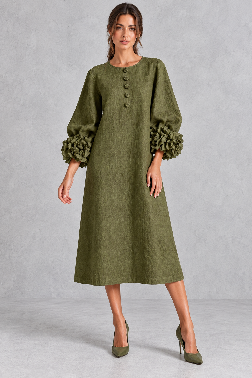 Back view of a women's 3D floral maxi dress with lantern sleeves.