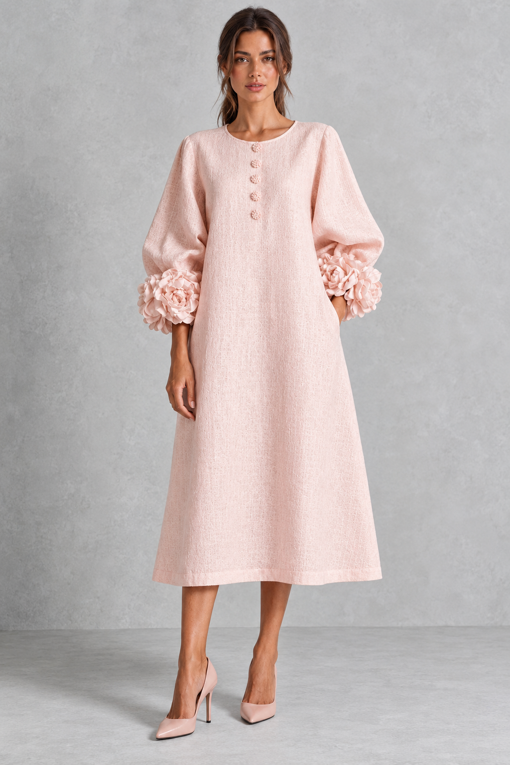 Women's lantern sleeve maxi dress with textured floral details, available in multiple colors.