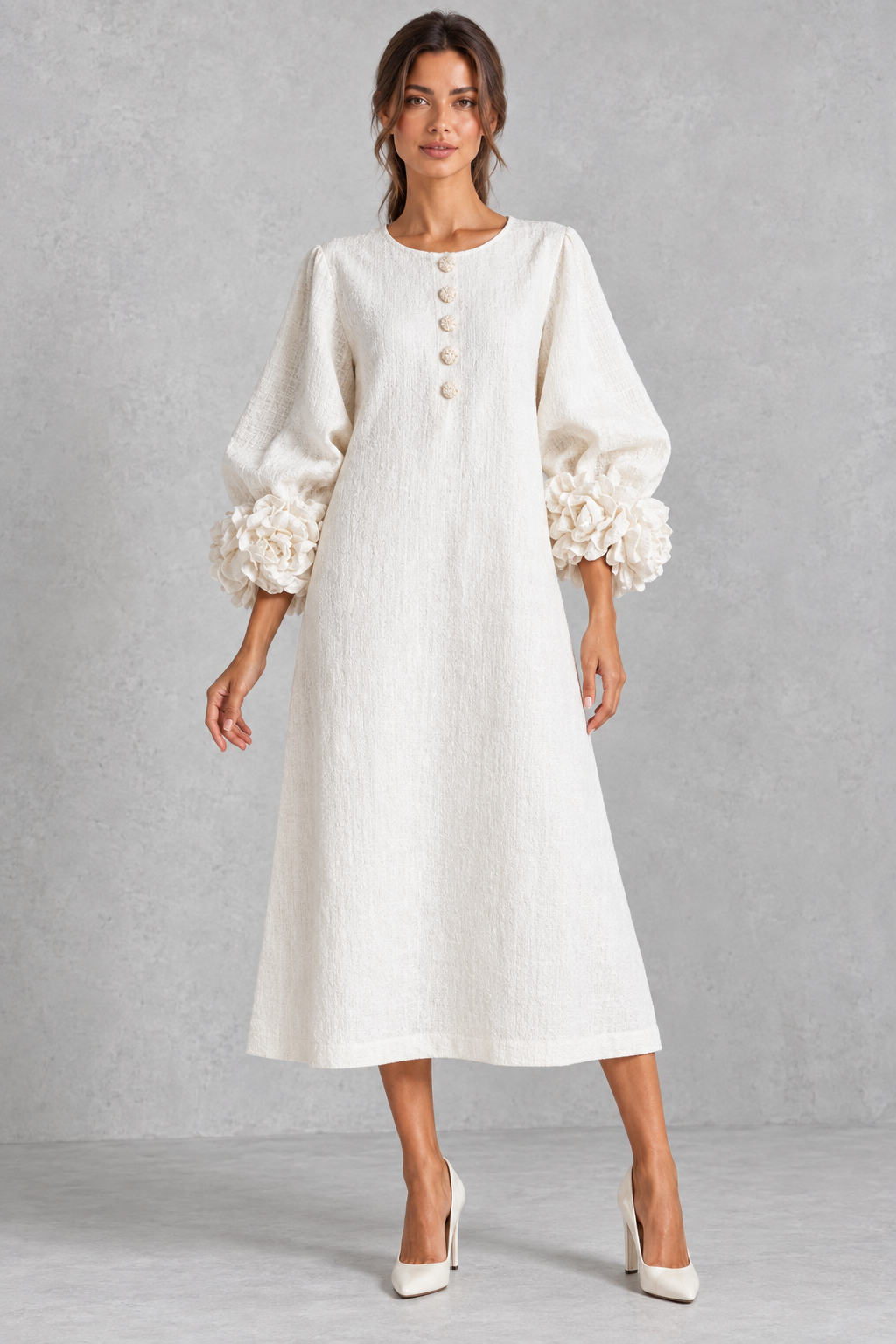 Women's modest 3D floral maxi dress with round neckline and lantern sleeves.