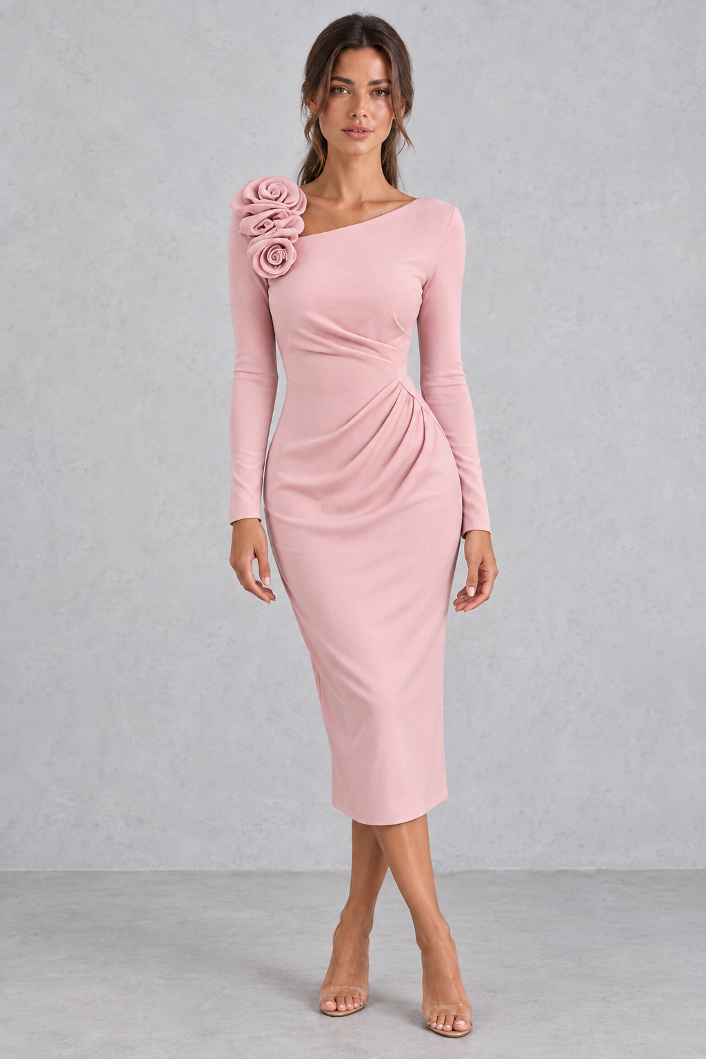 One shoulder 3D rose midi dress shown in red, black, light blue and pink.