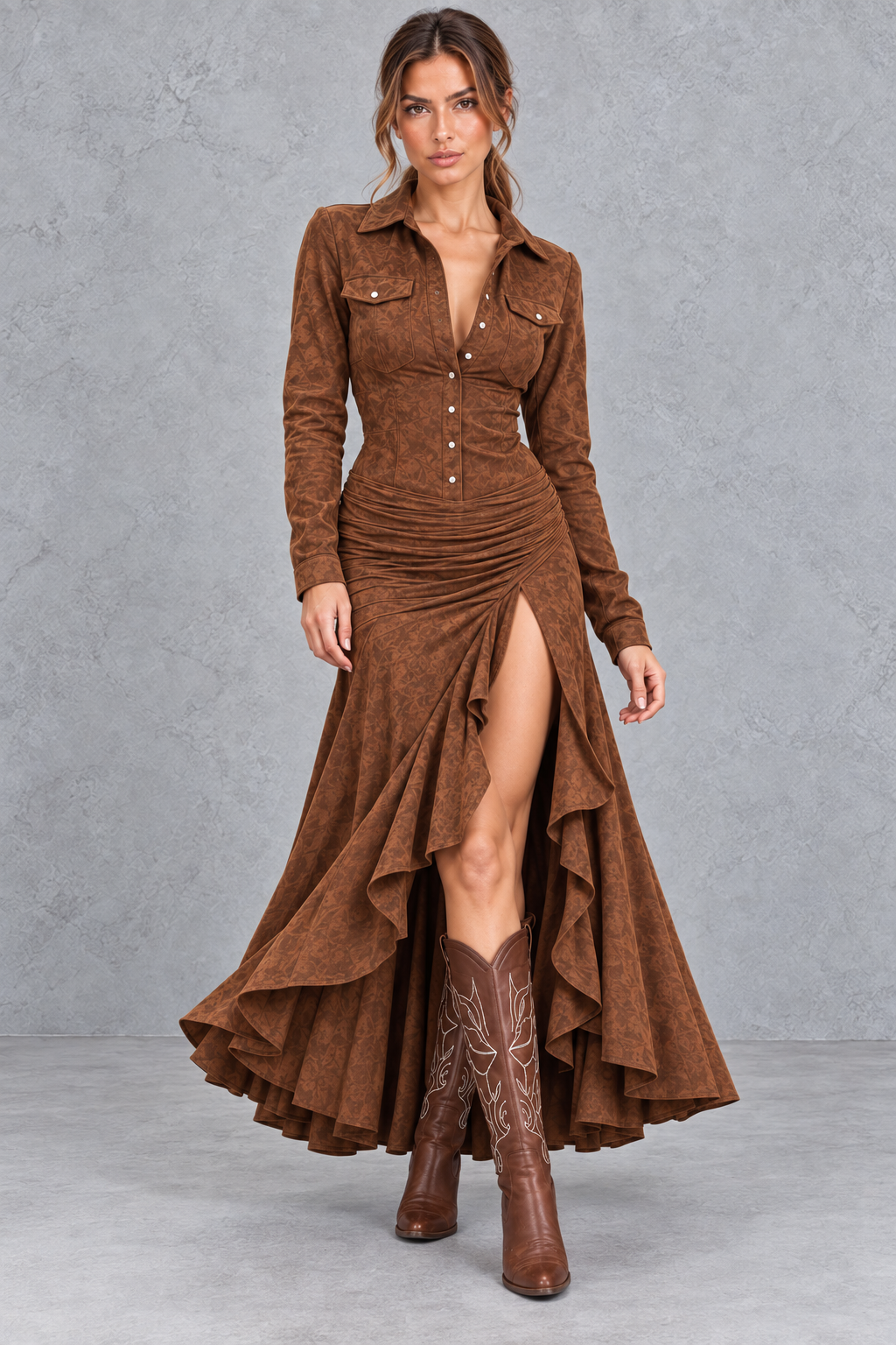 Women's long sleeve lapel collar A-line maxi dress, front view