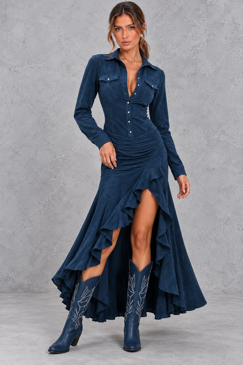 Women's lapel collar maxi dress color options shown together