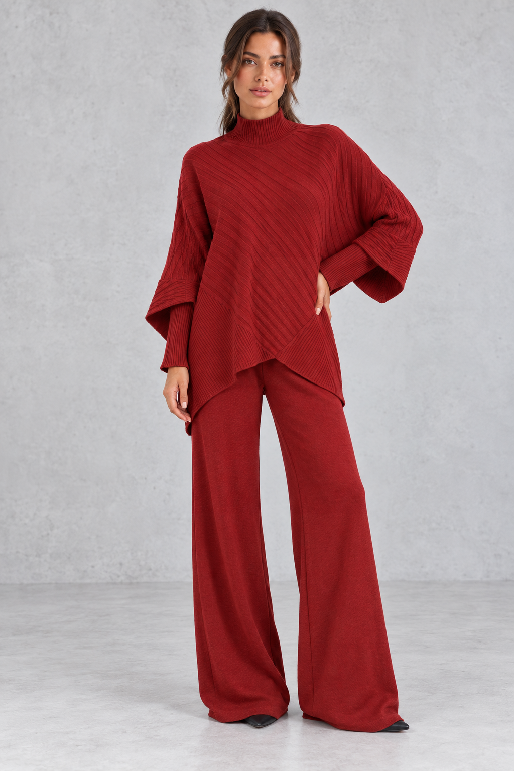 Full-length view of the flowing wide leg knit pants