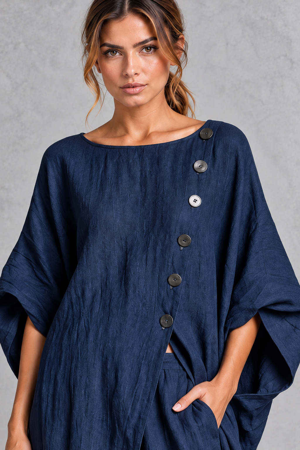 Close-up of the diagonal decorative buttons on the tunic