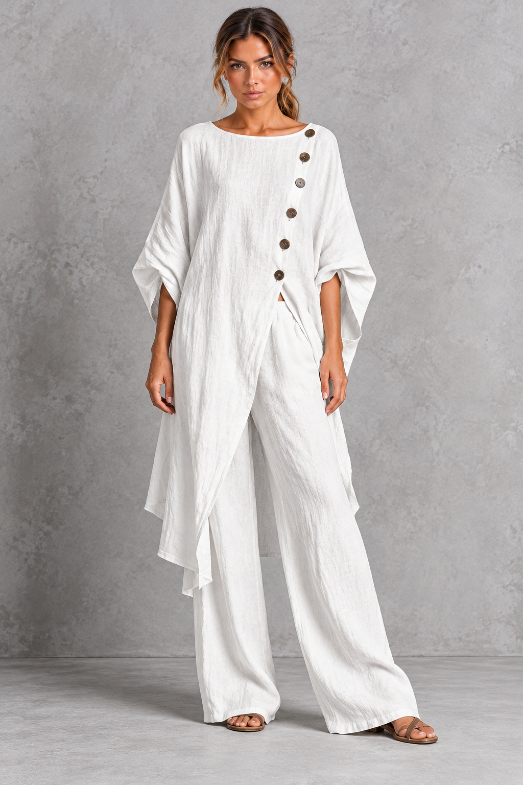 Tunic and pants set styled with sandals for a summer day