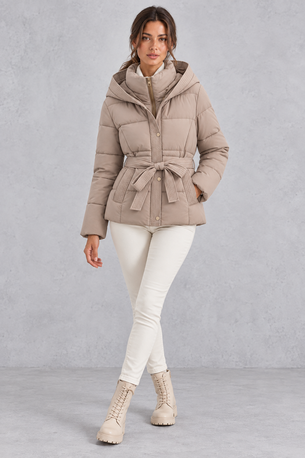 Belted puffer jacket styled for a city commute