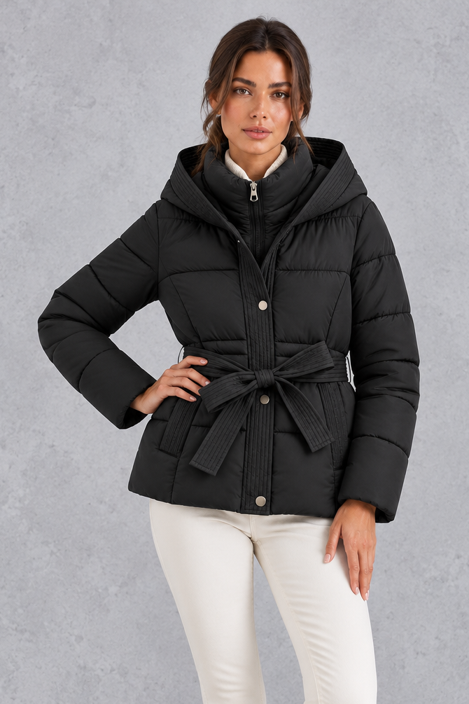 Belted hooded puffer jacket shown in black