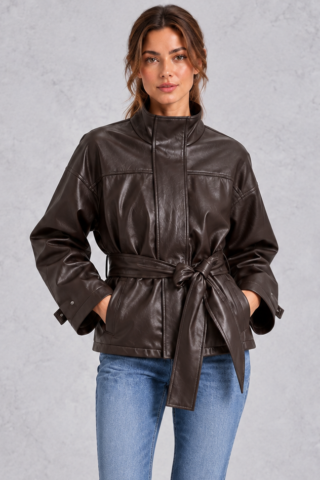 Women's cropped faux leather jacket with lapel collar, front view