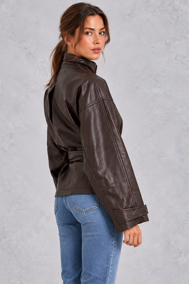 Back view of the cropped belted faux leather jacket