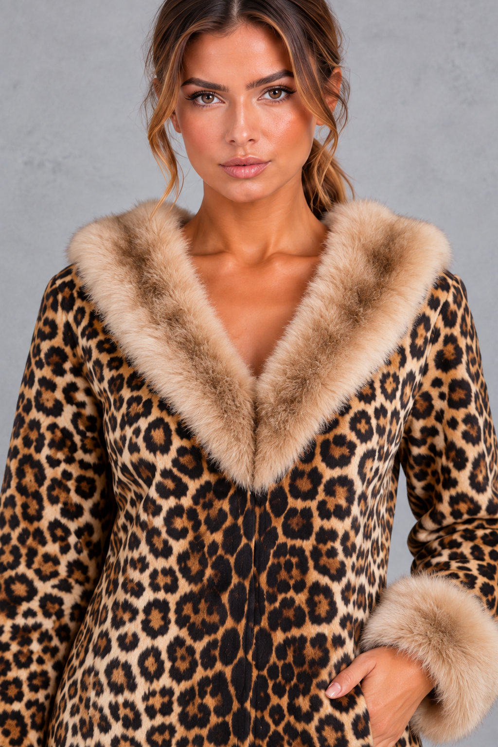 Close-up of contrast faux fur detailing on a women's leopard print dress