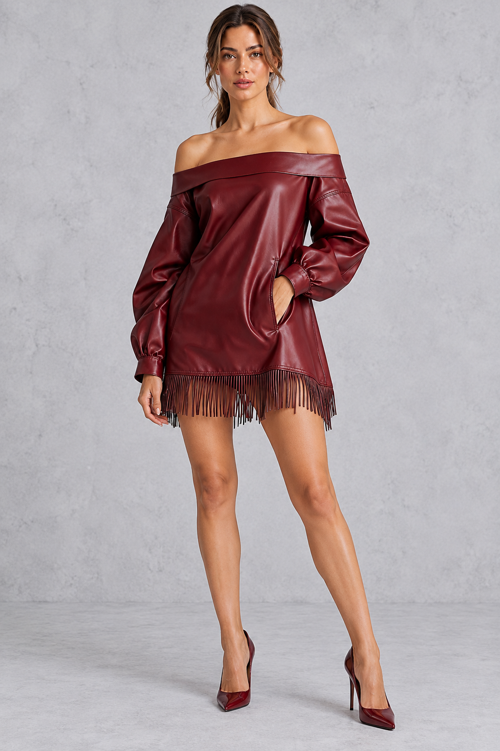 Women's faux leather off-the-shoulder fringe mini dress, front view