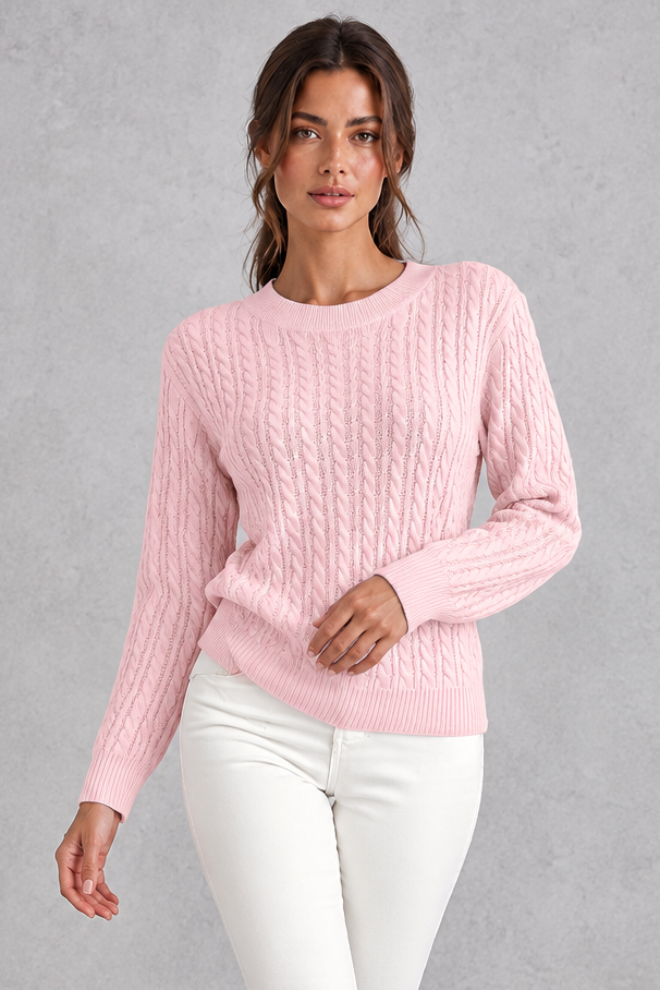 Women's Cable Knit Crew Neck Sweater – Pink