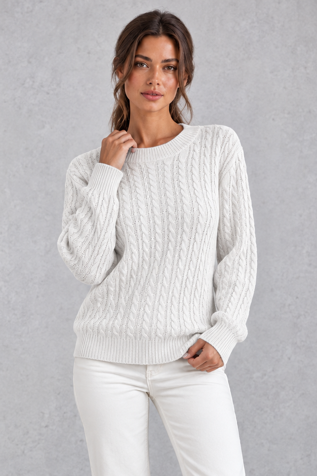 Women's Cable Knit Crew Neck Sweater – White