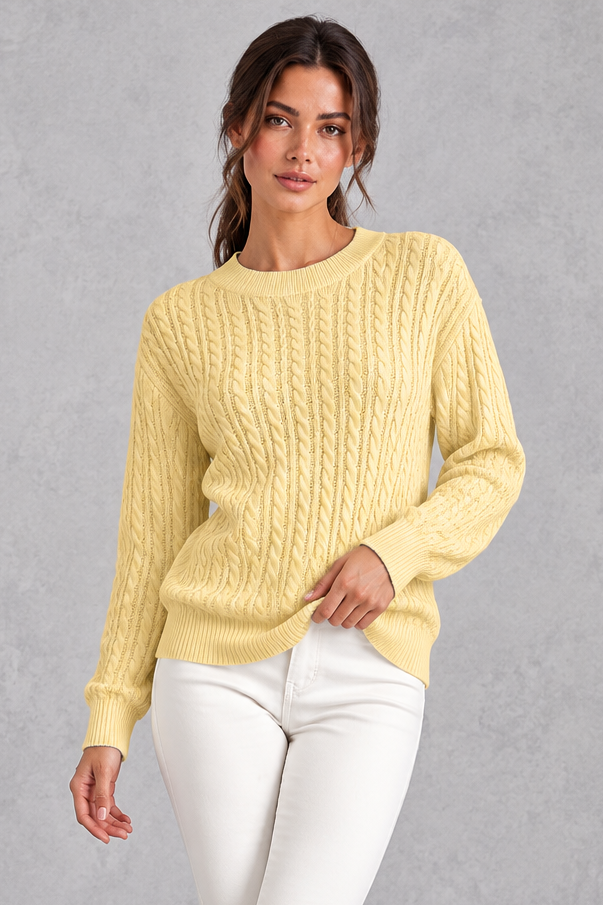 Women's Cable Knit Crew Neck Sweater – Yellow