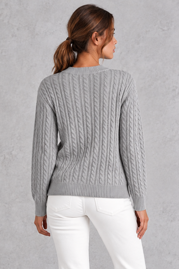 Women's Cable Knit Crew Neck Sweater – Gray