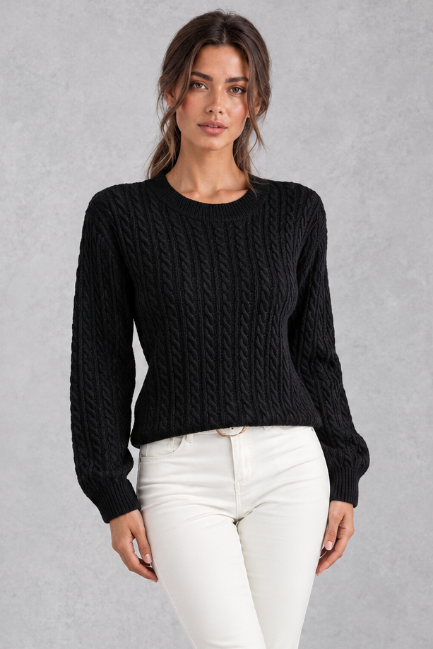 Women's Cable Knit Crew Neck Sweater – Black