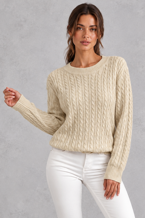 Women's Cable Knit Crew Neck Sweater – Oatmeal