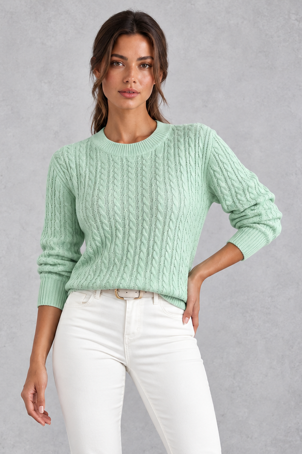 Women's Cable Knit Crew Neck Sweater – Mint Green